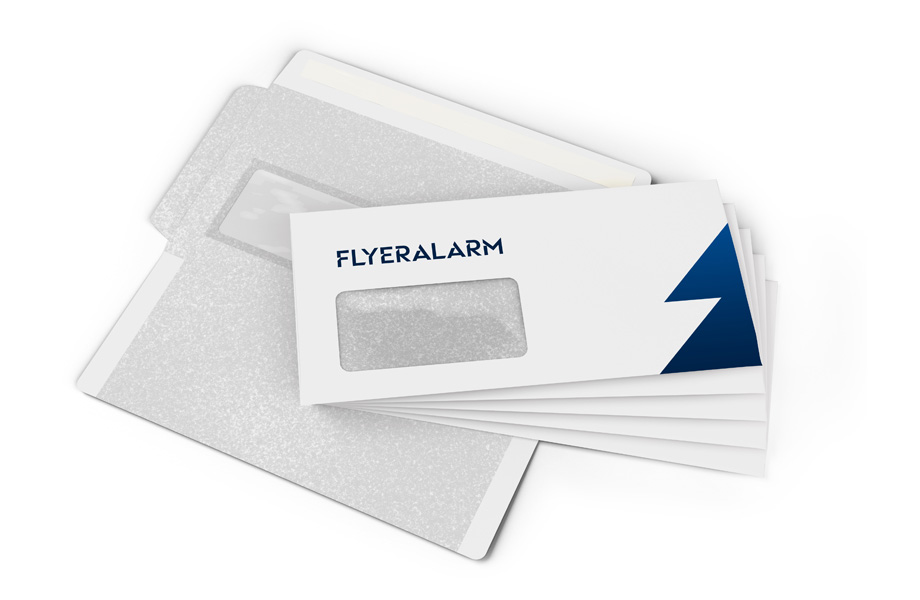 Envelopes with window on the left, grey security print (scrambled numbers)