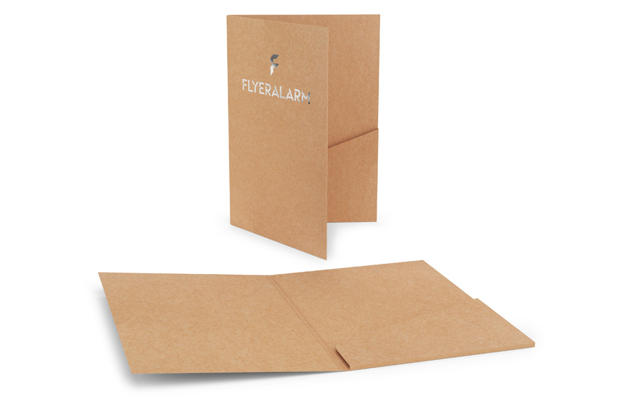 Folders with glued pocket, recycled cardboard with silver hot foil