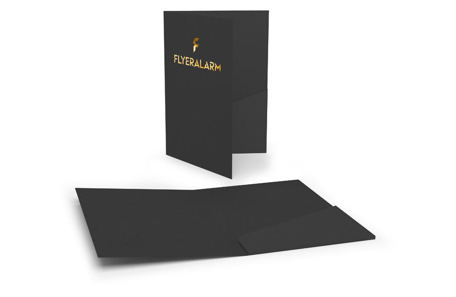 Folders with glued pocket, black card with gold hot foil