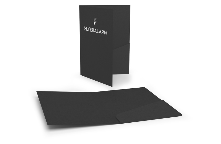 Folders with glued pocket, black card with silver hot foil