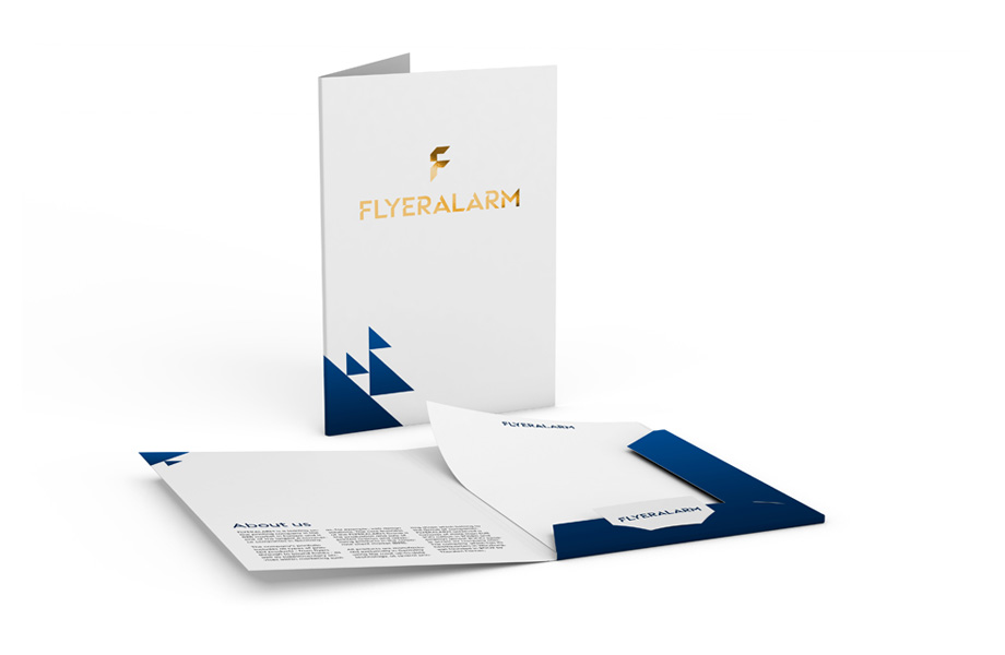 Presentation folder - two interlocking flaps, portrait, gold hot foil stamping