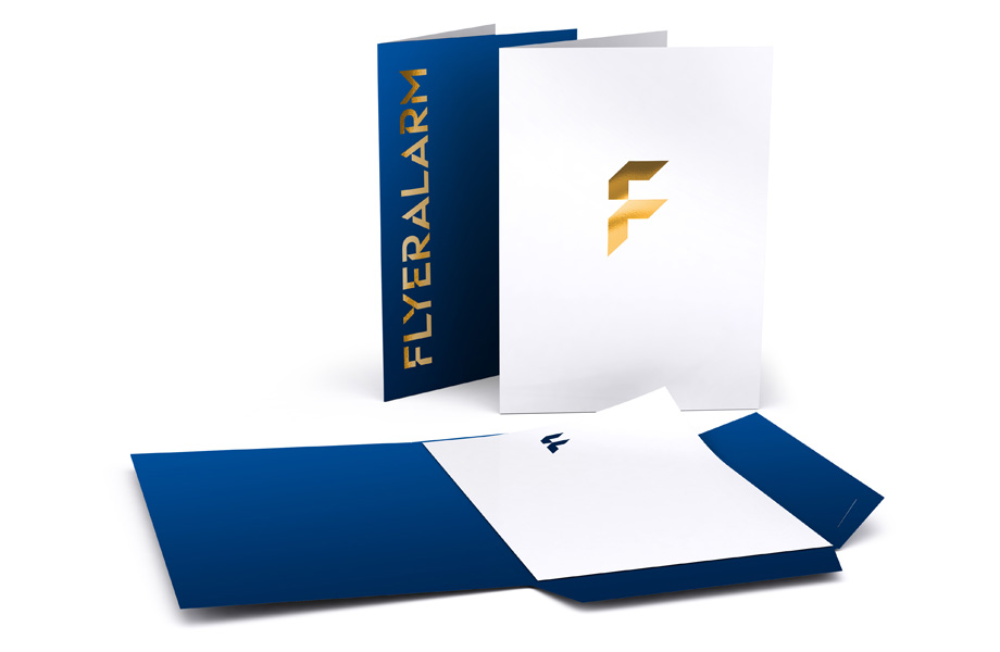 Presentation folder - two interlocking flaps, portrait, gold hot foil stamping