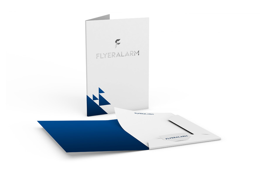 Presentation folder - two interlocking flaps, portrait, silver hot foil stamping