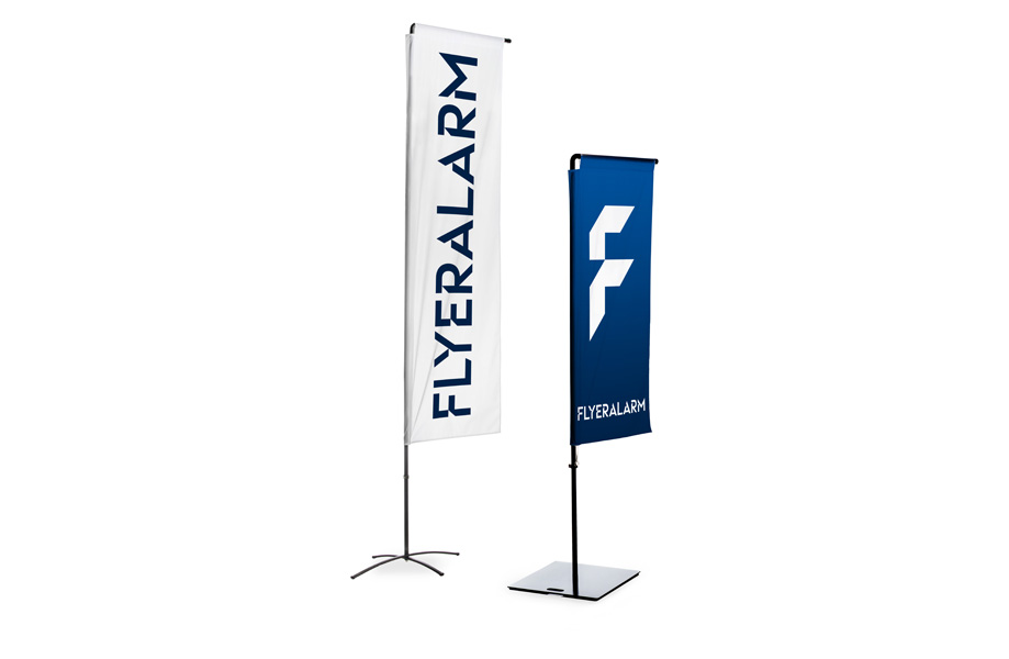 Square flags with banner arm, mechanism and print