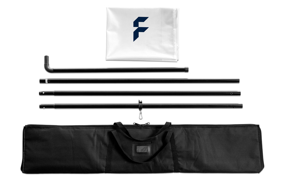 Square flags with banner arm, mechanism and print